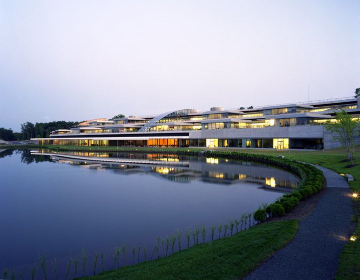 Dusk shot of the Howard Hughes Medical Center at Janellia Farm