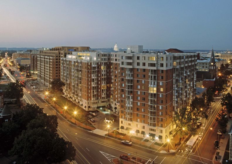 The Meridian at Gallery Place, sunrise, looking southeast toward Capitol