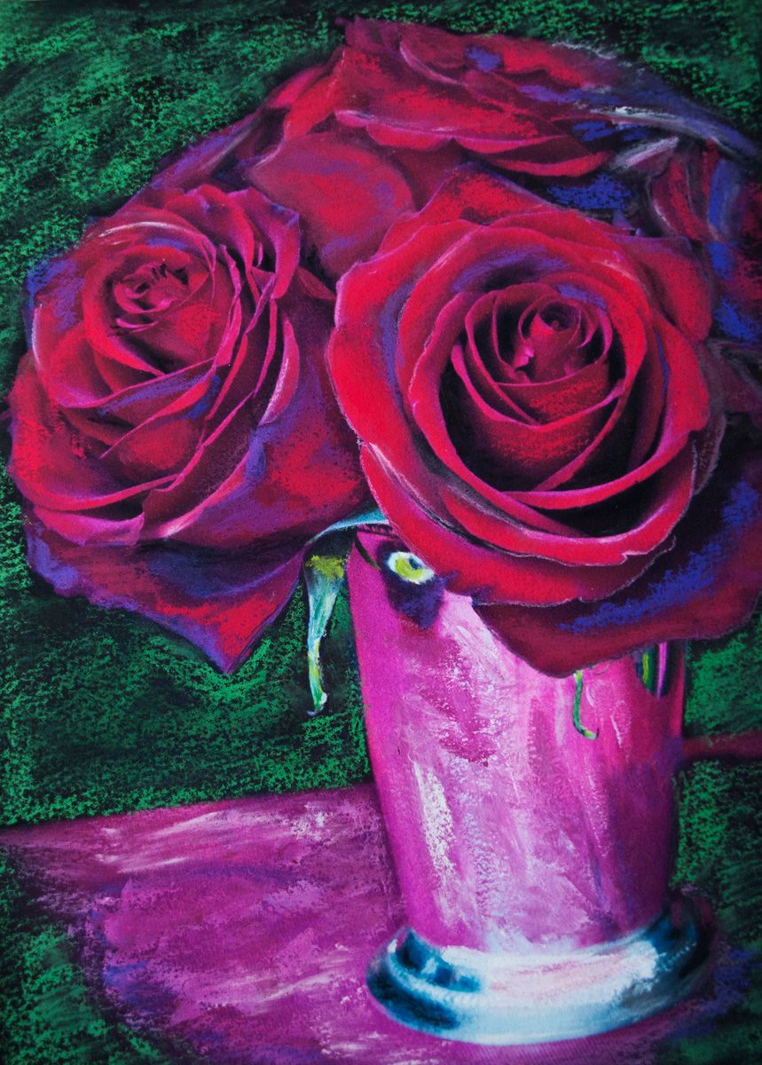 Pastel Chalk & Pencil Over Photograph Red Roses In Vase