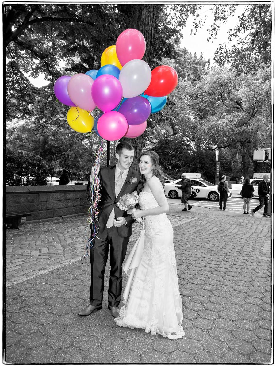 Bride & Groom with Balloons on 5th Avenue, NYC