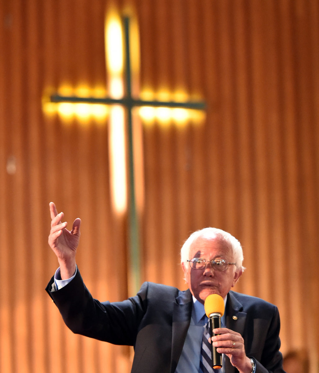 Bernie Sanders speaks at a church during a campaign event in Oakland, California.