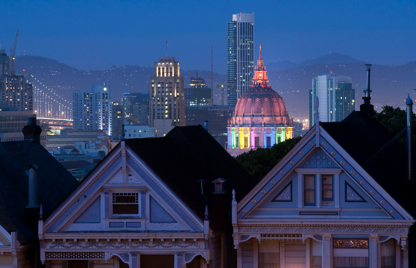 San Francisco's Civic Center is lit up in rainbow lights in honor of Gay Pride.