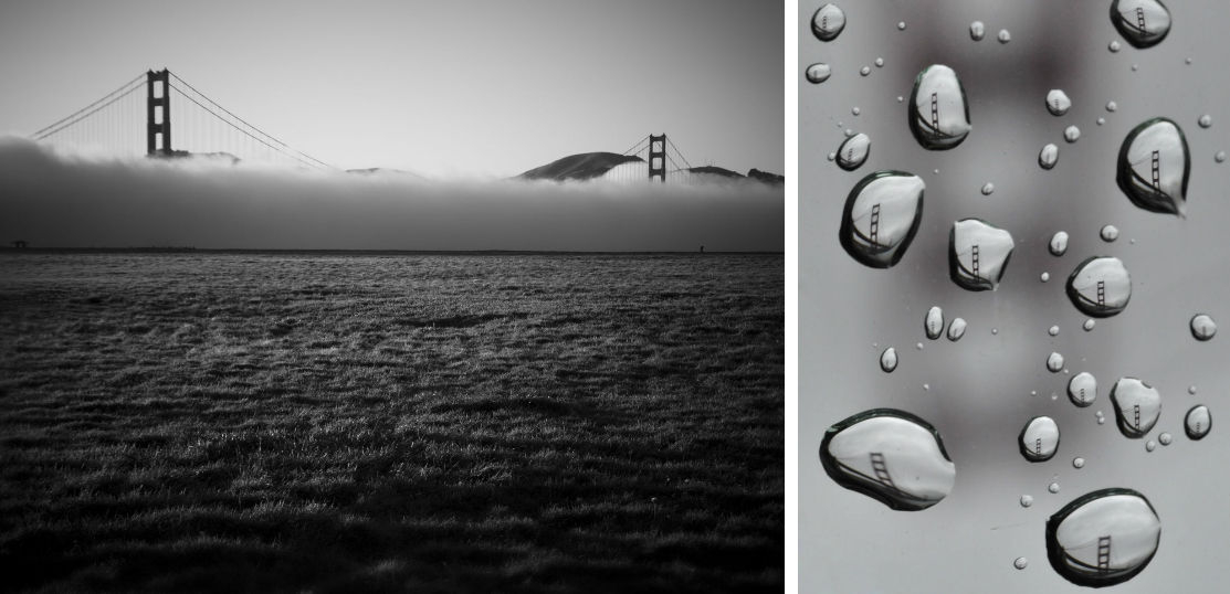 The Golden Gate Bridge is seen with an inverted marine layer (left) and through refracting raindrops (right).