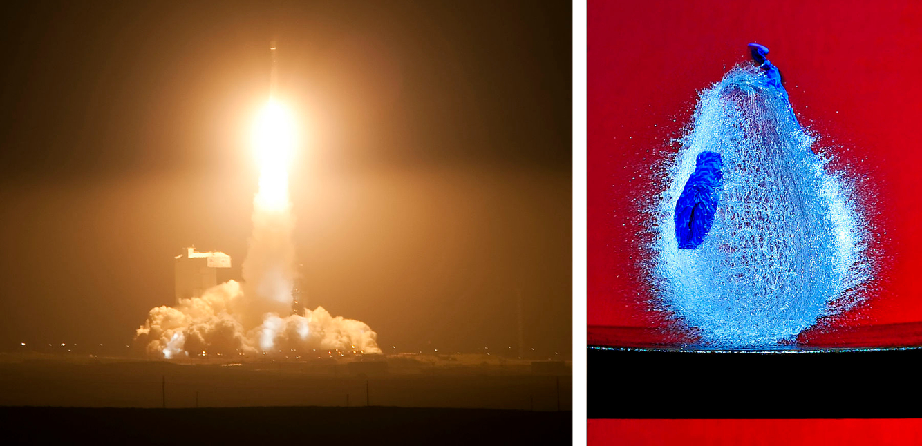 Rocket Launch; Vandenberg AFB (L); Bursting water balloon (R)