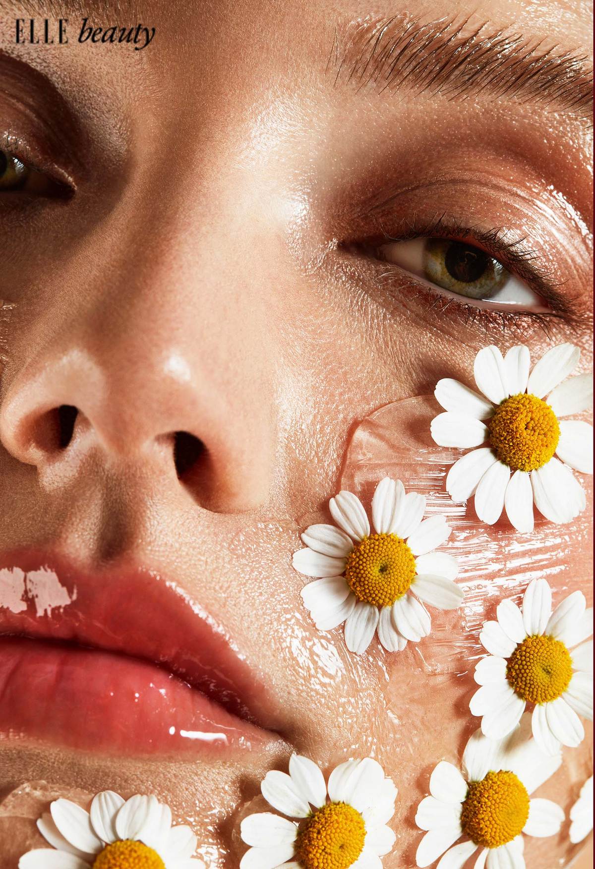FACE covered with chamomille flowers  for ELLE publication