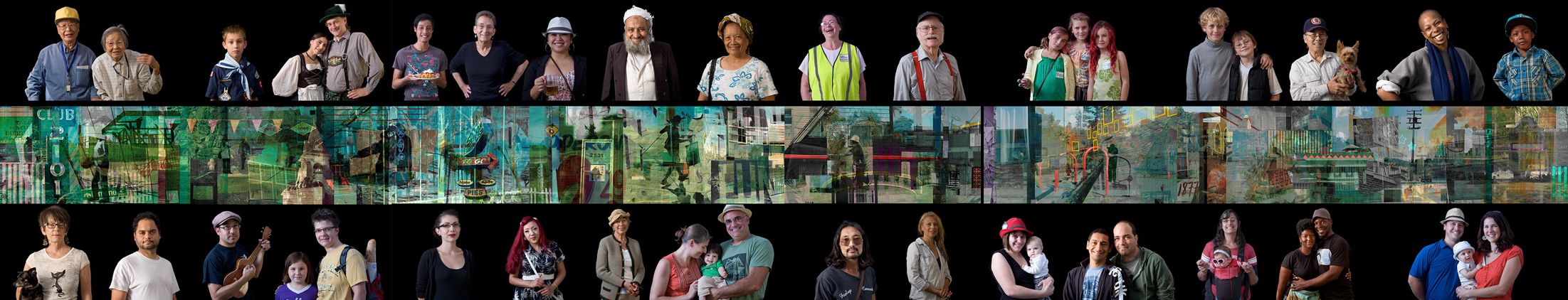 Large Scale Photographs on Vinyl Banner
8 panels 60"W x 90"H each
Created for the City of Oakland and Dimond Improvement Association.  We were commissioned to create and install a series of photographic banners in the interior of a vacant building in the heart of Oakland’s Dimond District.  The goal of the artwork was to give the space a sense of familiar identity and involve the immediate community in the art making process.  The center portion of the banners document various sites and symbols drawn from the surrounding neighborhoods while portraits of area residents, photographed on the streets of Oakland,  were included to promote a sense of civic pride and ownership. Dimond District Portraits and Landscape-detail of full piece