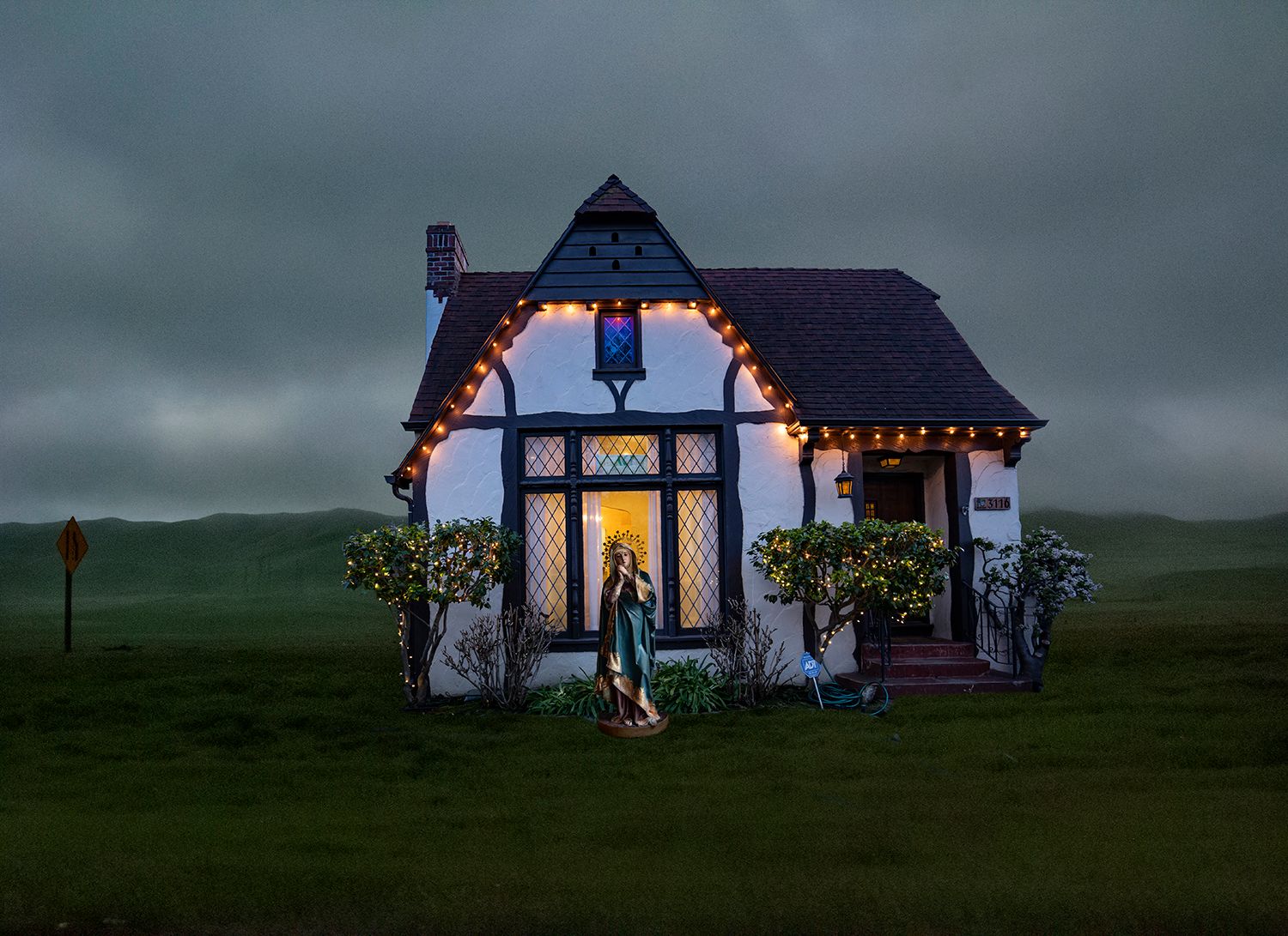 Archival Pigment print on photo rag paper from the Virtually No Place Like Home (for the Holidays) series Road Sign House