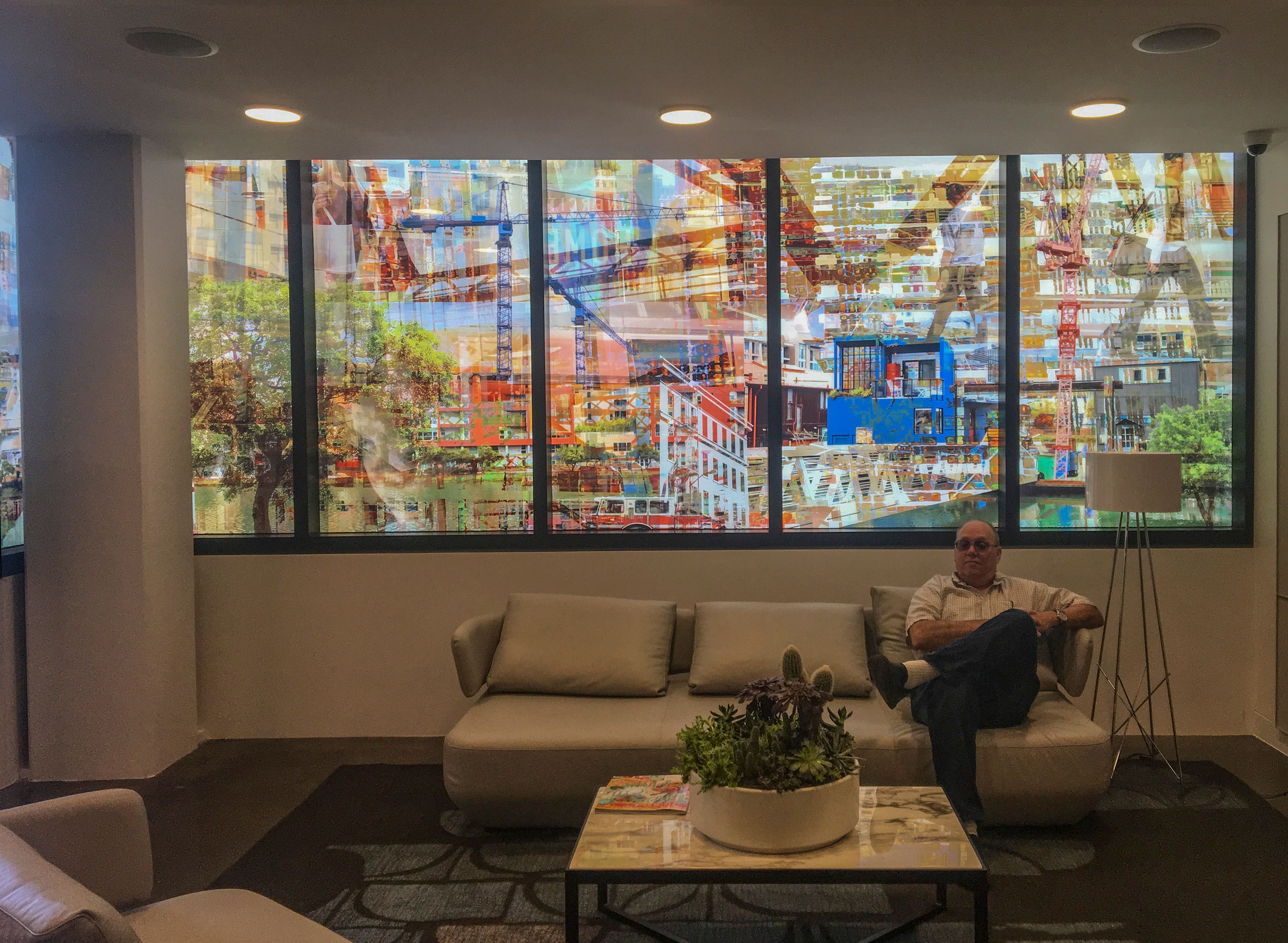 Interior Lobby view of photo mural infused in glass using Dip/tech ceramic printing technology-6 printed   insulated glass units-48" x 86" each- Commissioned by Align Real Estate to create imagery translated to glass for building front at 923 Folsom Street in San Francisco. Interior Lobby View 923 Folsom