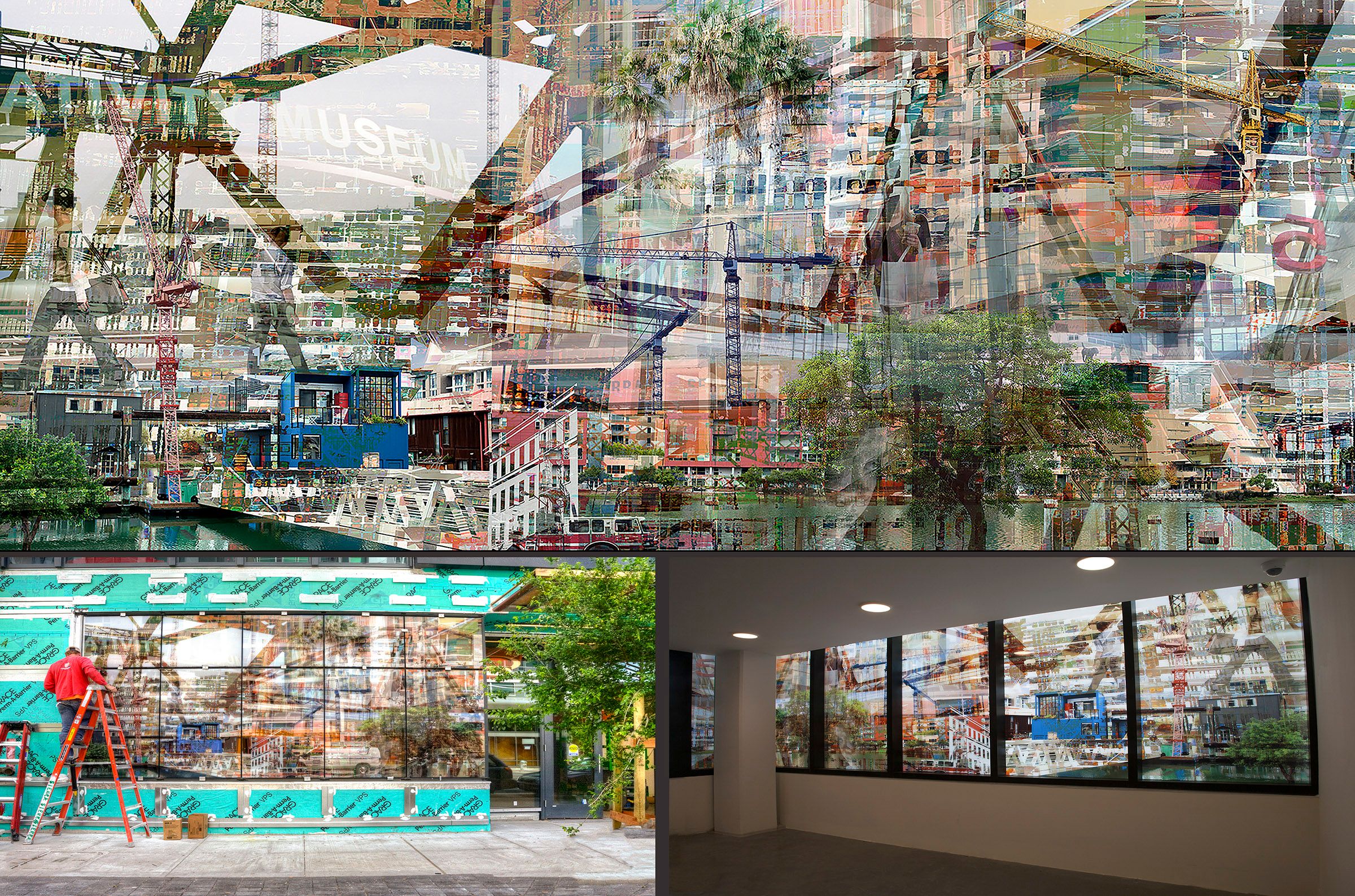 Photo mural infused in glass using Dip/tech ceramic printing technology-6 printed   insulated glass units-48" x 86" each-  Commissioned by Align Real Estate to create imagery translated to glass for building front at 923 Folsom Street in San Francisco.  Imagery depicts the South of Market neighborhood. 923 Folsom -Installation view and Detail