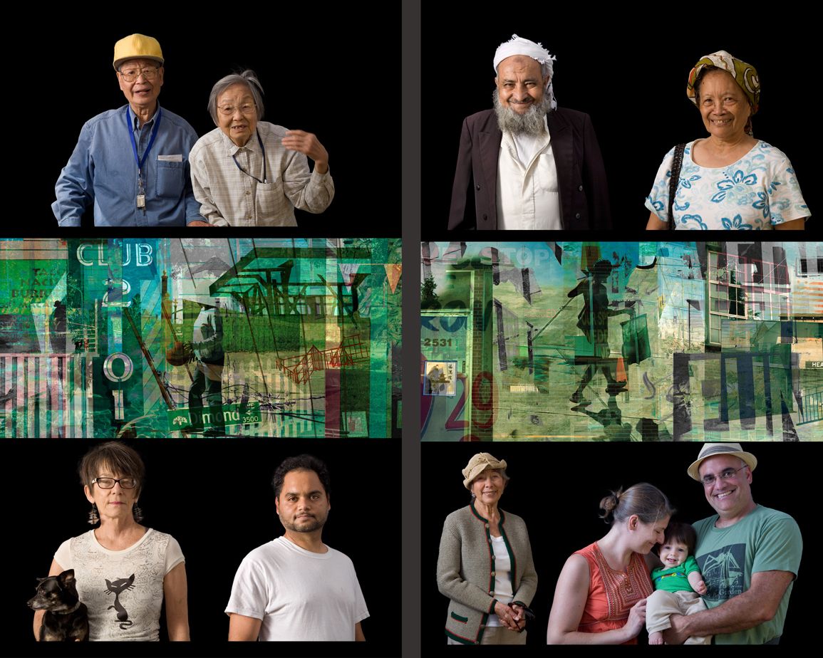 Large Scale Photographs on Vinyl Banner
8 panels 60"W x 90"H each
Created for the City of Oakland and Dimond Improvement Association.  We were commissioned to create and install a series of photographic banners in the interior of a vacant building in the heart of Oakland’s Dimond District.  The goal of the artwork was to give the space a sense of familiar identity and involve the immediate community in the art making process.  The center portion of the banners document various sites and symbols drawn from the surrounding neighborhoods while portraits of area residents, photographed on the streets of Oakland,  were included to promote a sense of civic pride and ownership. Dimond District (detail)