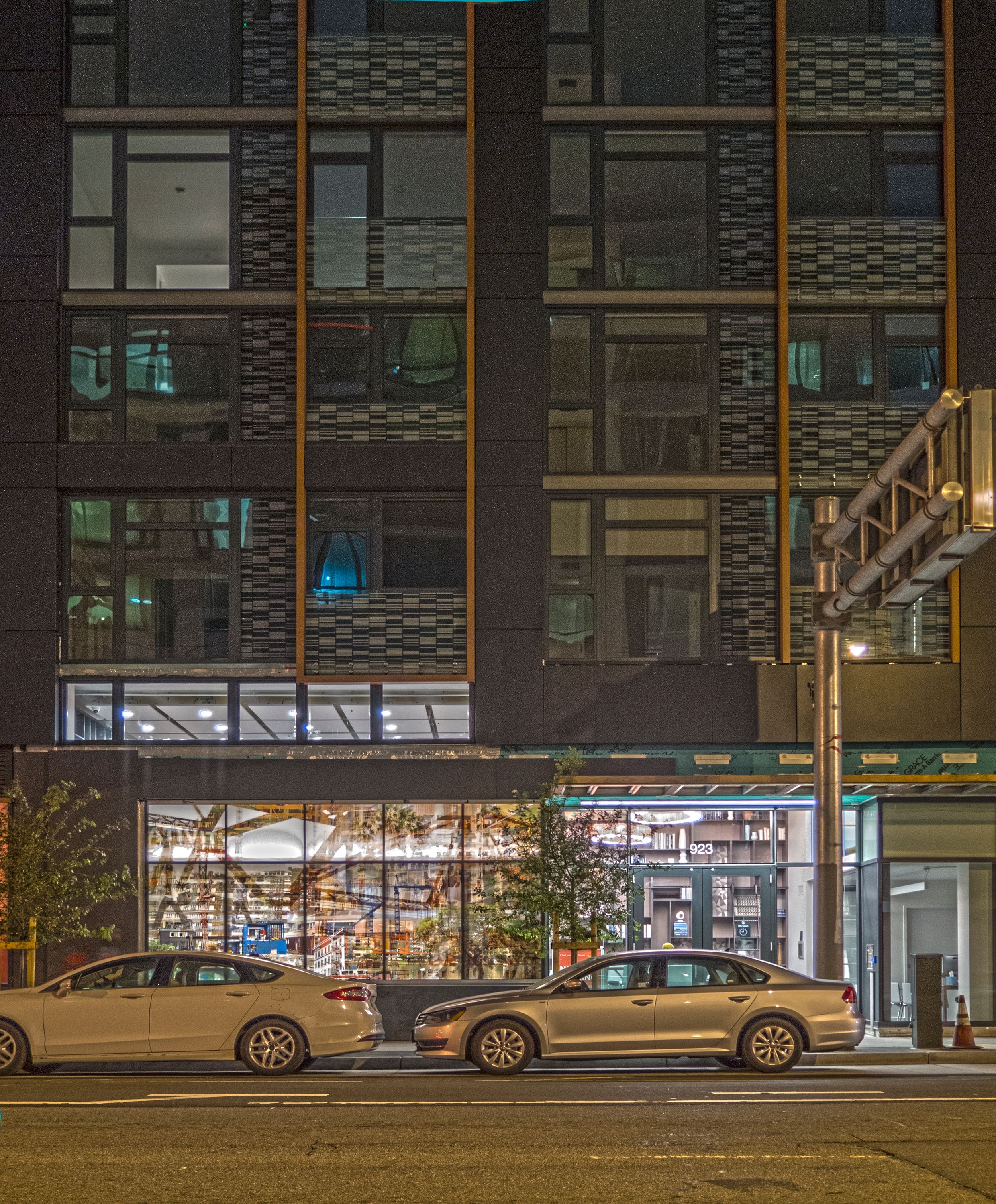 Photo mural infused in glass using Dip/tech ceramic printing technology-6 printed   insulated glass units-48" x 86" each-  Commissioned by Align Real Estate to create imagery translated to glass for building front at 923 Folsom Street in San Francisco.  Imagery depicts the South of Market neighborhood. 923 Folsom- Installation view