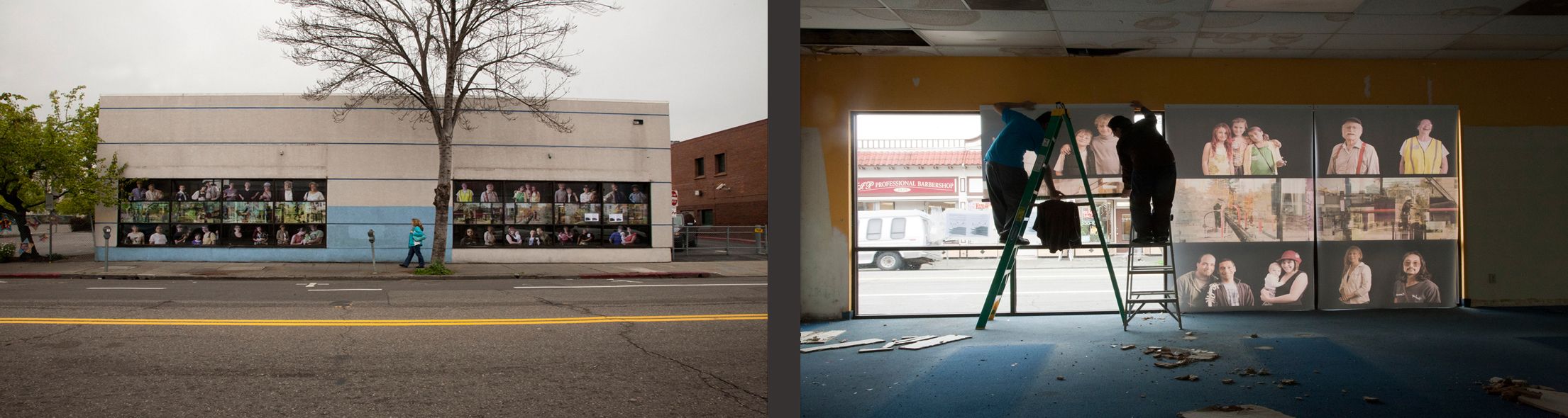 Large Scale Photographs on Vinyl Banner
8 panels 60"W x 90"H each
Created for the City of Oakland and Dimond Improvement Association.  We were commissioned to create and install a series of photographic banners in the interior of a vacant building in the heart of Oakland’s Dimond District.  The goal of the artwork was to give the space a sense of familiar identity and involve the immediate community in the art making process.  The center portion of the banners document various sites and symbols drawn from the surrounding neighborhoods while portraits of area residents, photographed on the streets of Oakland,  were included to promote a sense of civic pride and ownership. Dimond District-Installation view