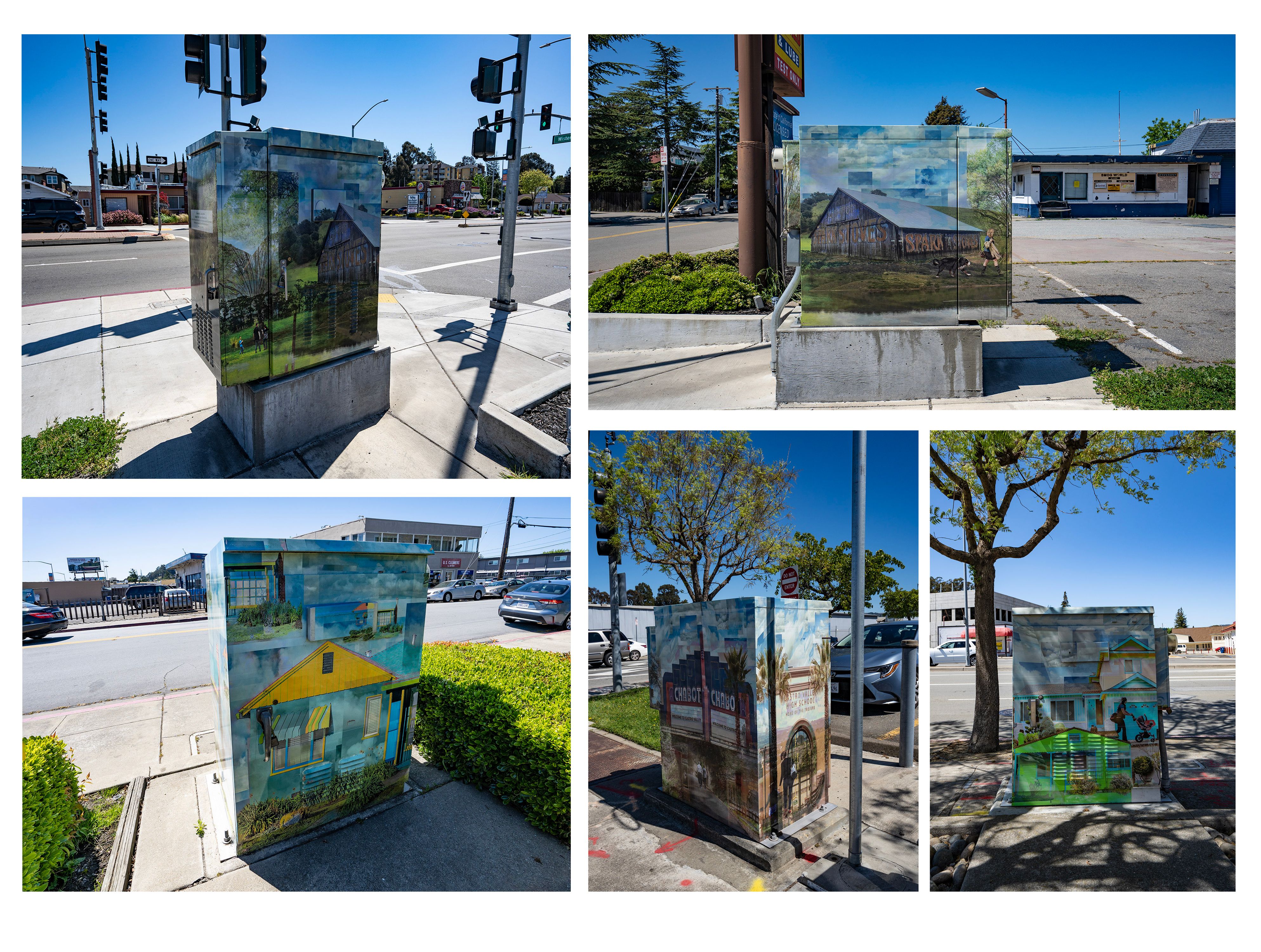 Public Art Commission awarded by the Alameda County Art Commission.  Utility boxes covered with 3M Vehicle Wrap material Castro Valley Skies : Utility Box Project