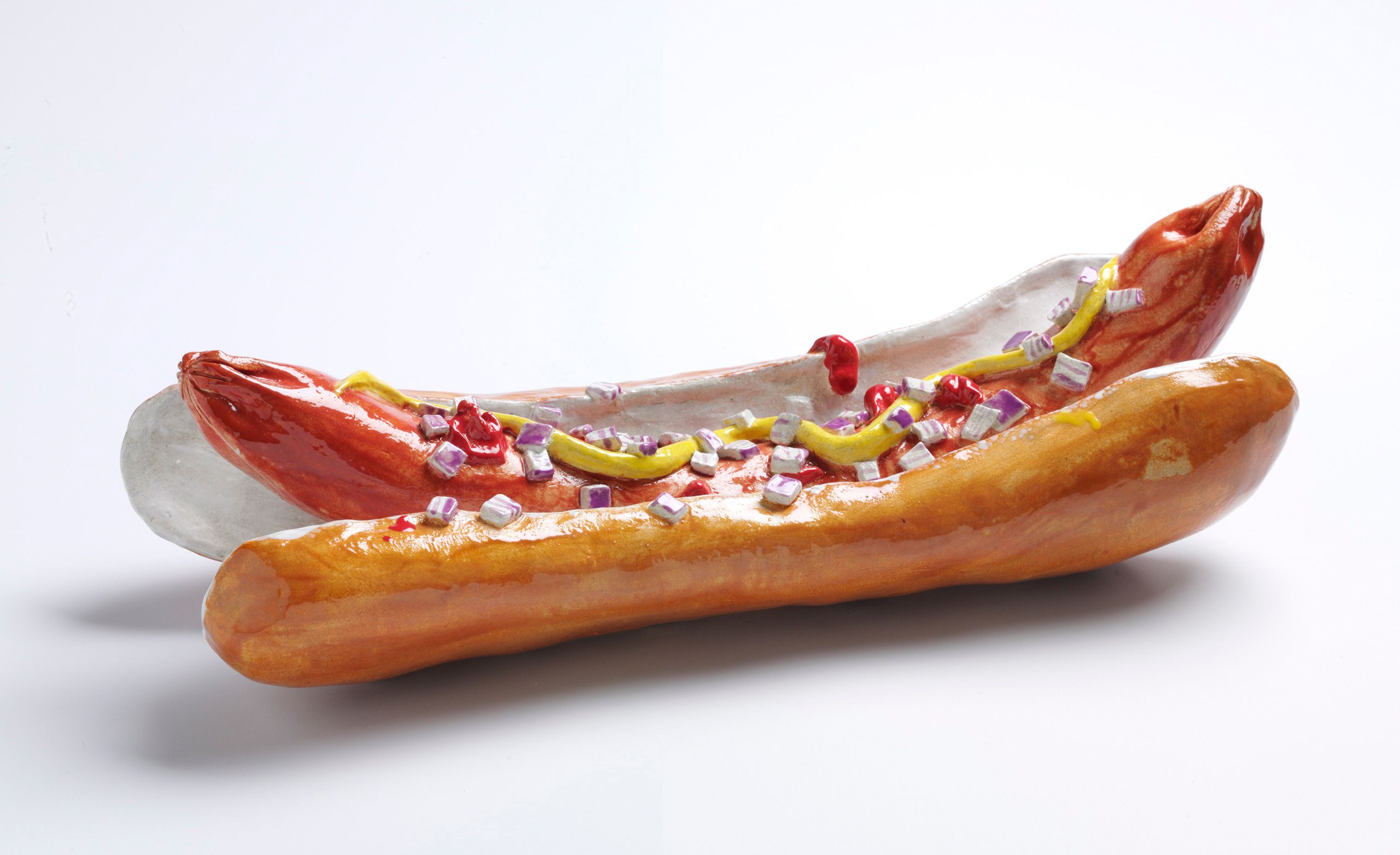 Ceramic hotdog sculpture Three big dogs sculpture