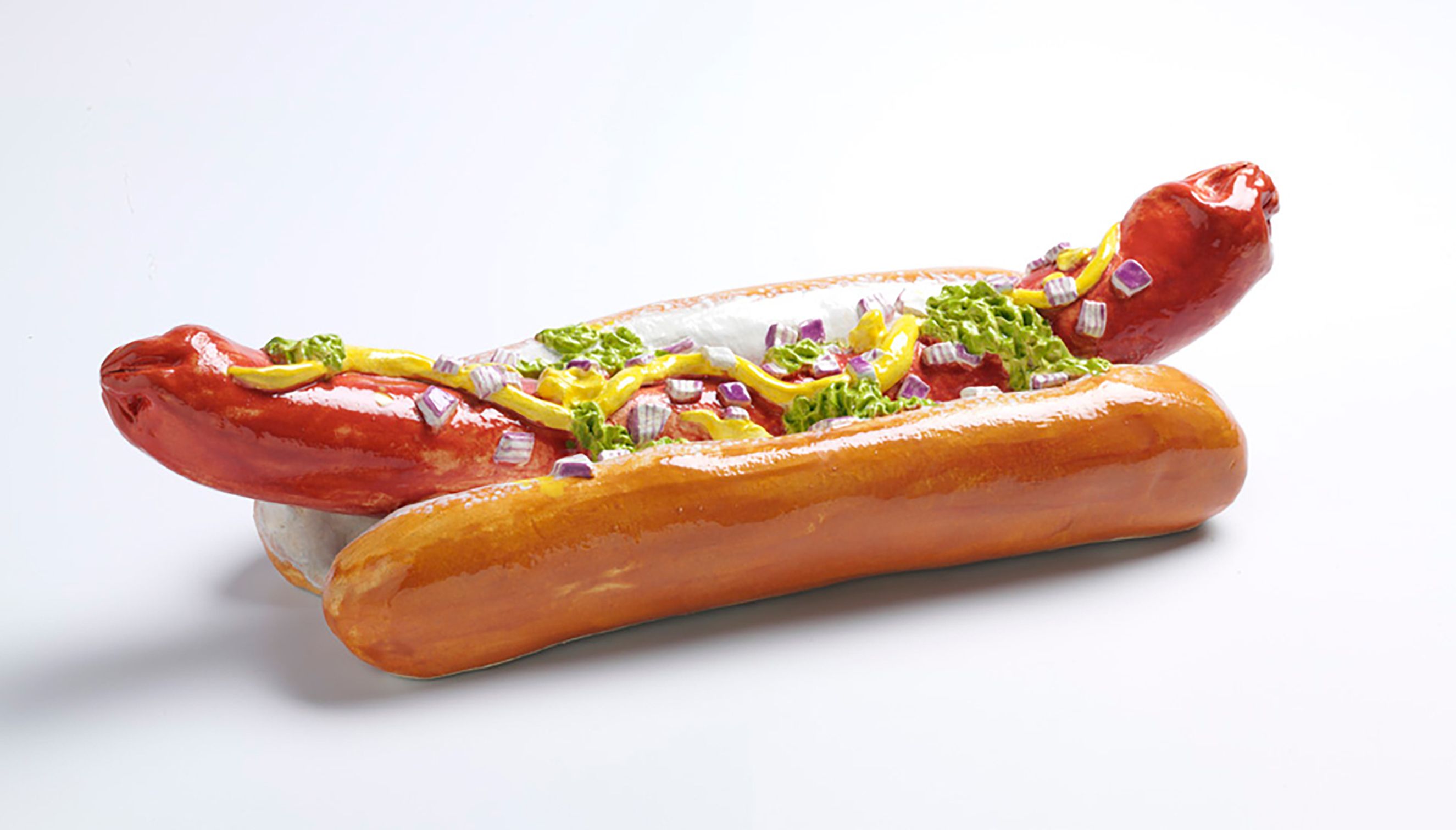 Hotdog ceramic sculpture  Three big dogs sculpture detail