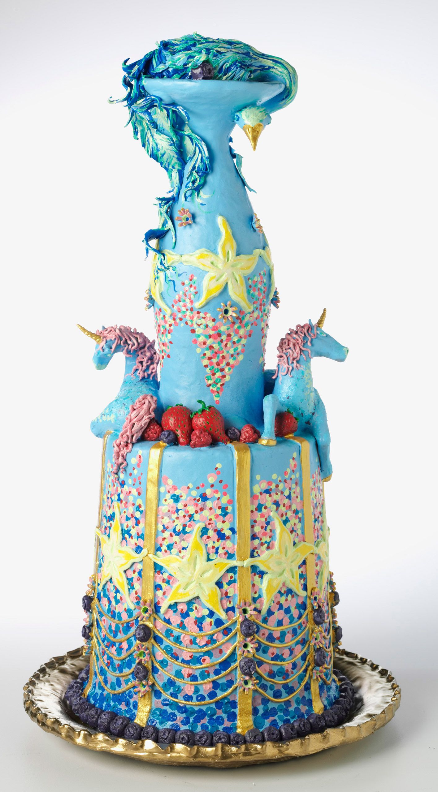 sculpture of polymer clay and acrylic paint Bird Centerpiece with Unicorns