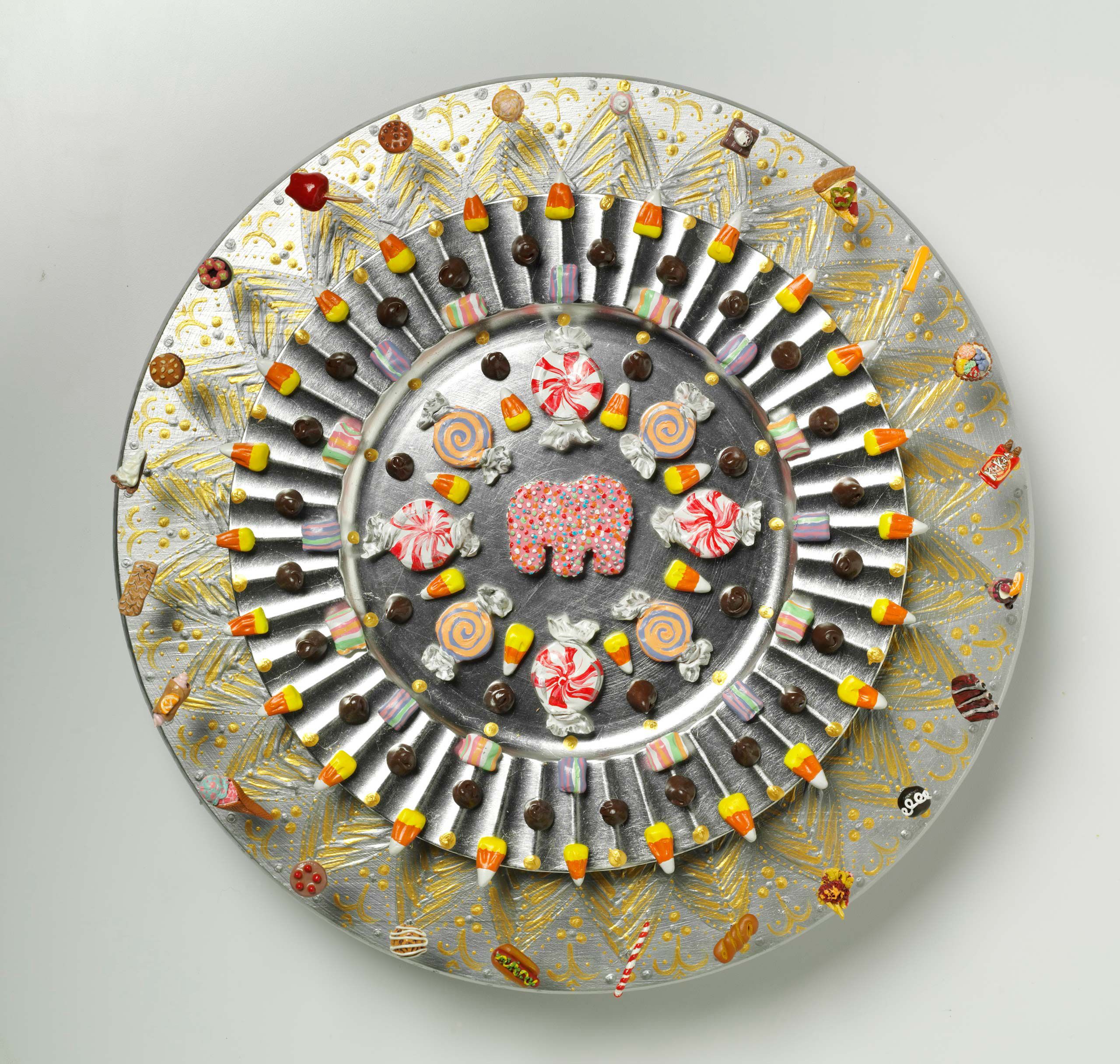 wall mounted polymer clay and wood sculpture Silver Halo with Elephant