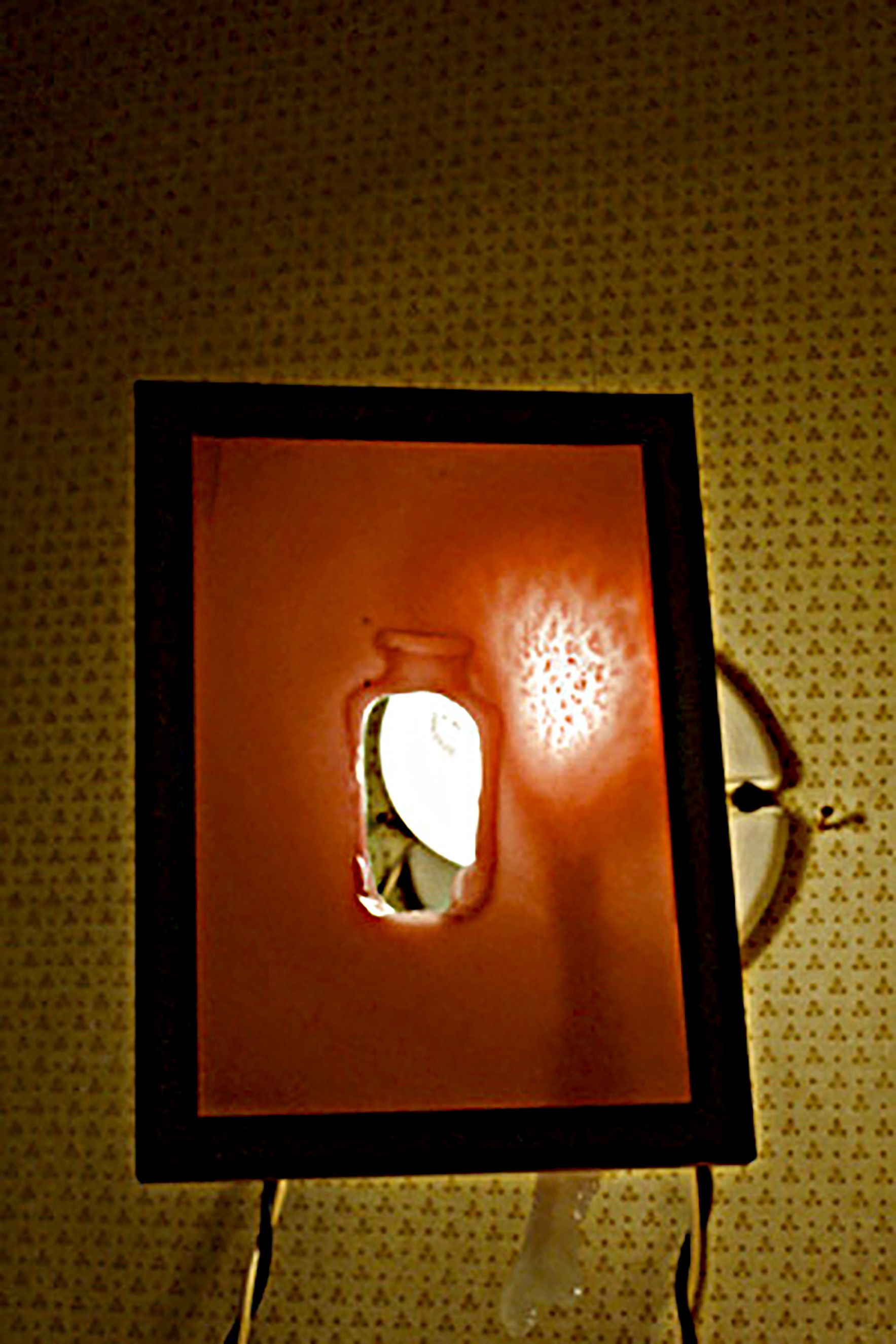 viewer activated installation of photographs oil and garlic embedded in melting wax Hall closet melting wax