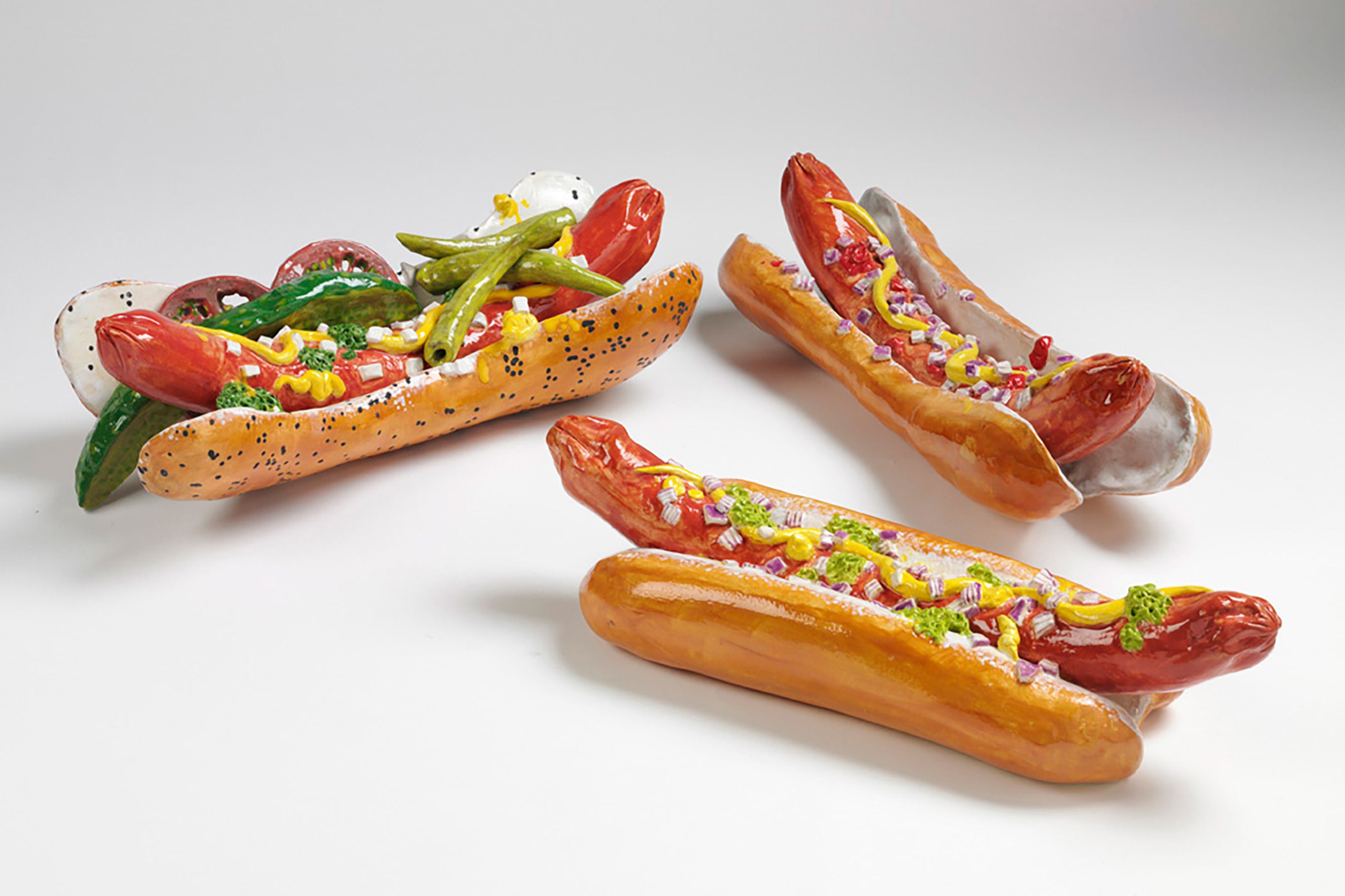 Ceramic Hot Dog Sculp Three Big Dogs