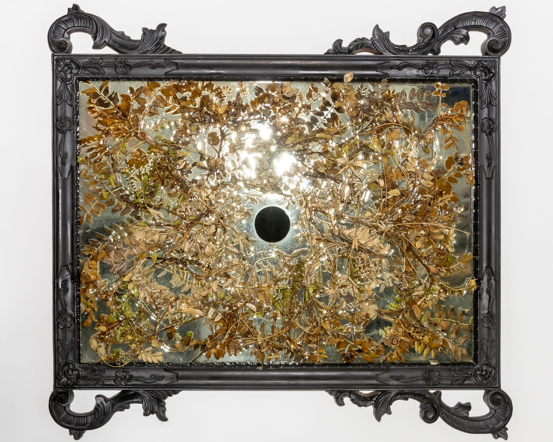 "Compressed Energy Beneath A Moonlit Plastic Lake" 2019, 40 x 38 inches; yellow necklacepod, paint, resin 191211 Compressed Energy Beneath A Moonlit Plastic Lake-019.jpg
