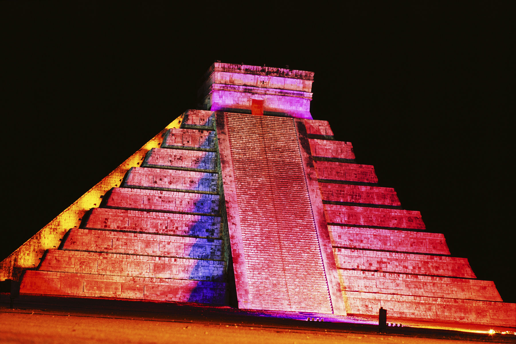 Mexico, Yucatan, Chichen Itza, El Castillo, (Pyramid of Kukulcan) illuminated at night. Alamy #A0460F Chichen Itza, El Castillo, (Pyramid of Kukulcan) illuminated at