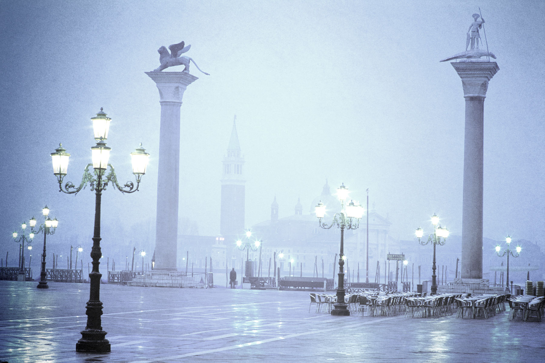 Italy, Venice, Piazzetta San Marco in fog at dawn with San Giorgio Maggiore in background. Alamy #AHA297 Italy Venice Piazzetta San Marco in fog at dawn with San Giorgio