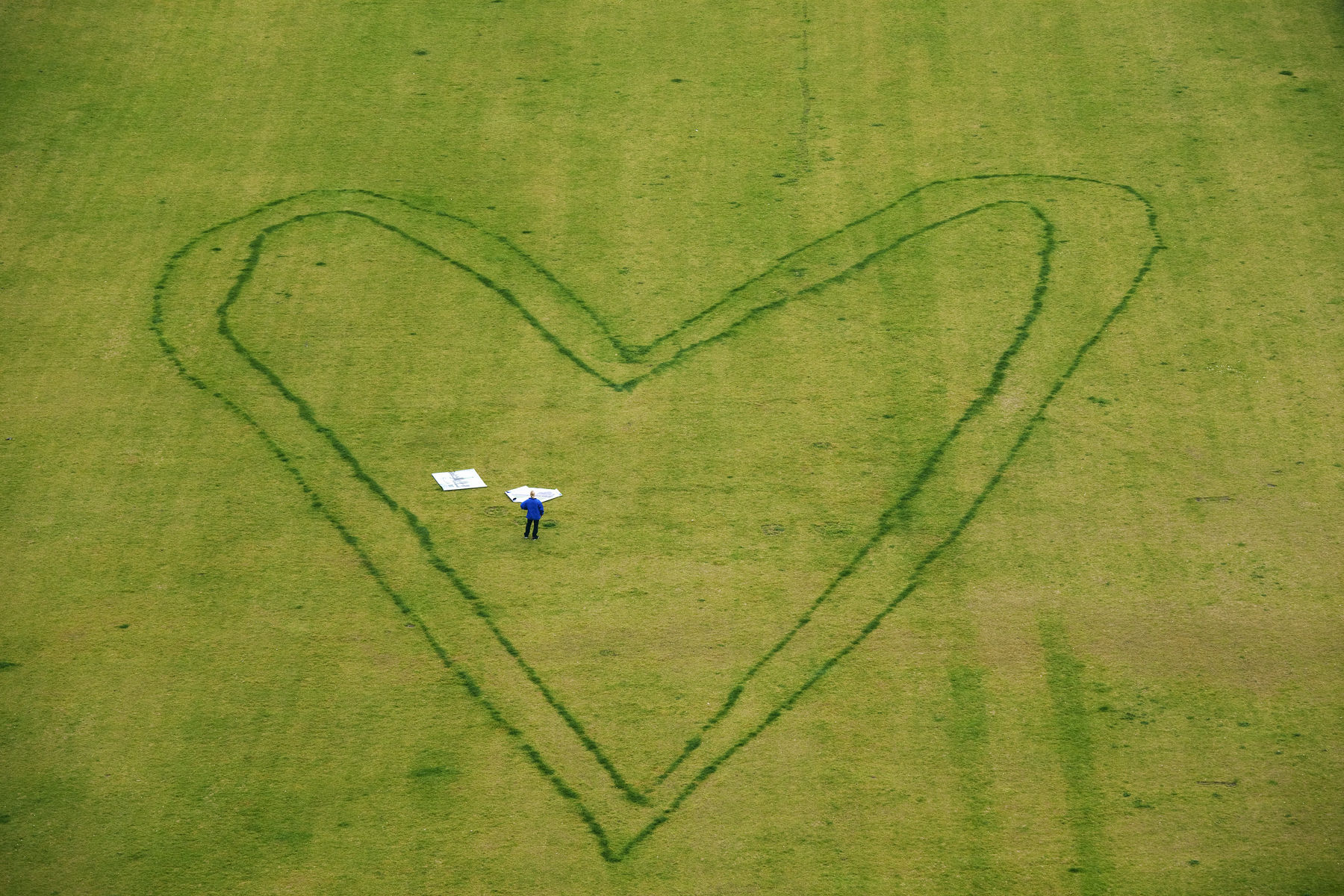 Germany,Berlin, giant heart design on lawn with a person standing inside. Alamy #BY5GWE giant heart design on lawn with a person standing inside