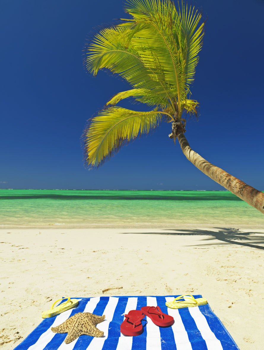 beach blanket, flip flops  at beach with beach and palm tree