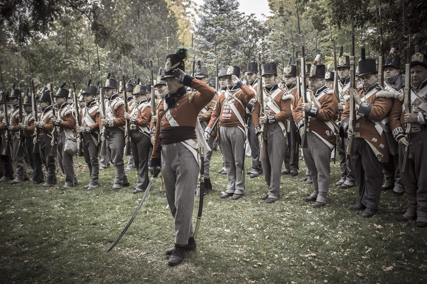 Canada,Ontario,Queenston, War of 1812 re-enactment, British soldiers on parade. War of 1812, Battle of  Queenston Heights re-enactment