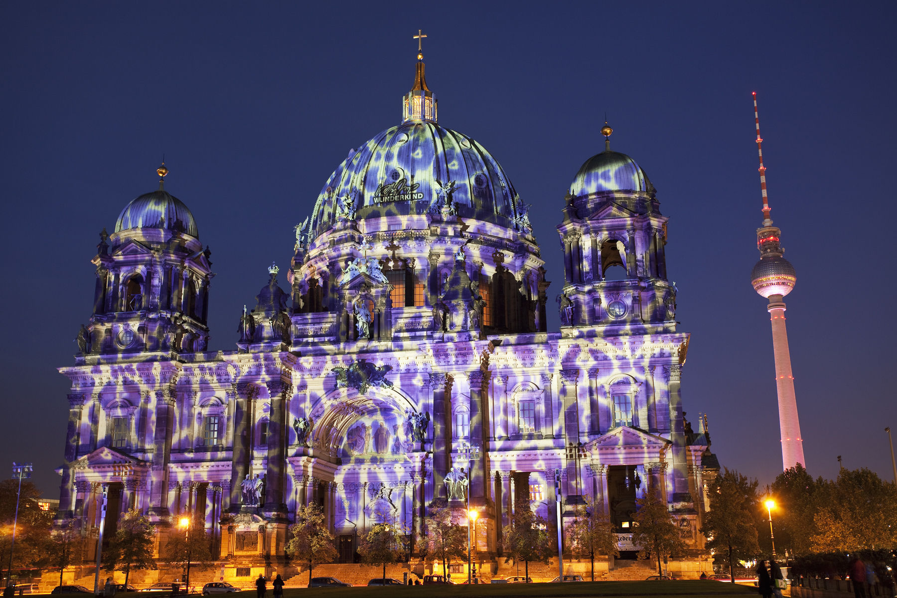 Germany,Berlin, Berlin Cathedral illuminated at night during the Festival of Lights Berlin Cathedral illuminated at night during the Festival of Lig