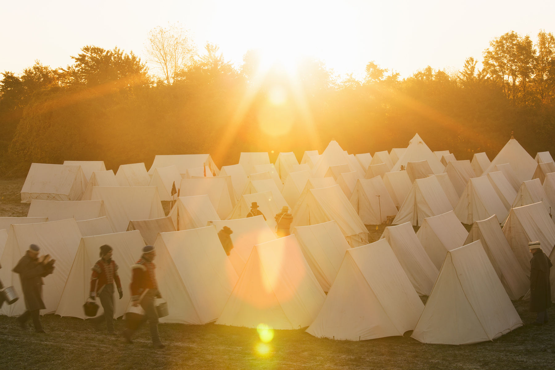 Canada,Ontario,Niagara-on-the-Lake, Fort George National Historic Site, tents at sunrise War of 1812 re-enactment, tents at sunrise