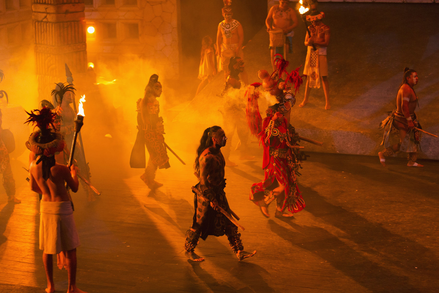 Xcaret is an archaeological park located in Riviera Maya. Sacred Mayan Journey reenactment ? the Mayan village preparing to battle the invading Spaniards. Getty Images #150662086 Xcaret, re-enactment of Mexican history