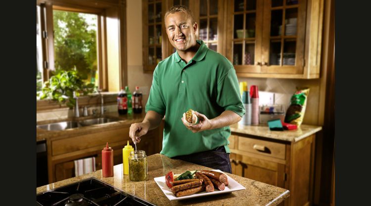 Shot by Bob Randall on locatoin in Columbus, OH. Kirk Herbstreitt of ESPN for Eckrich Armour.