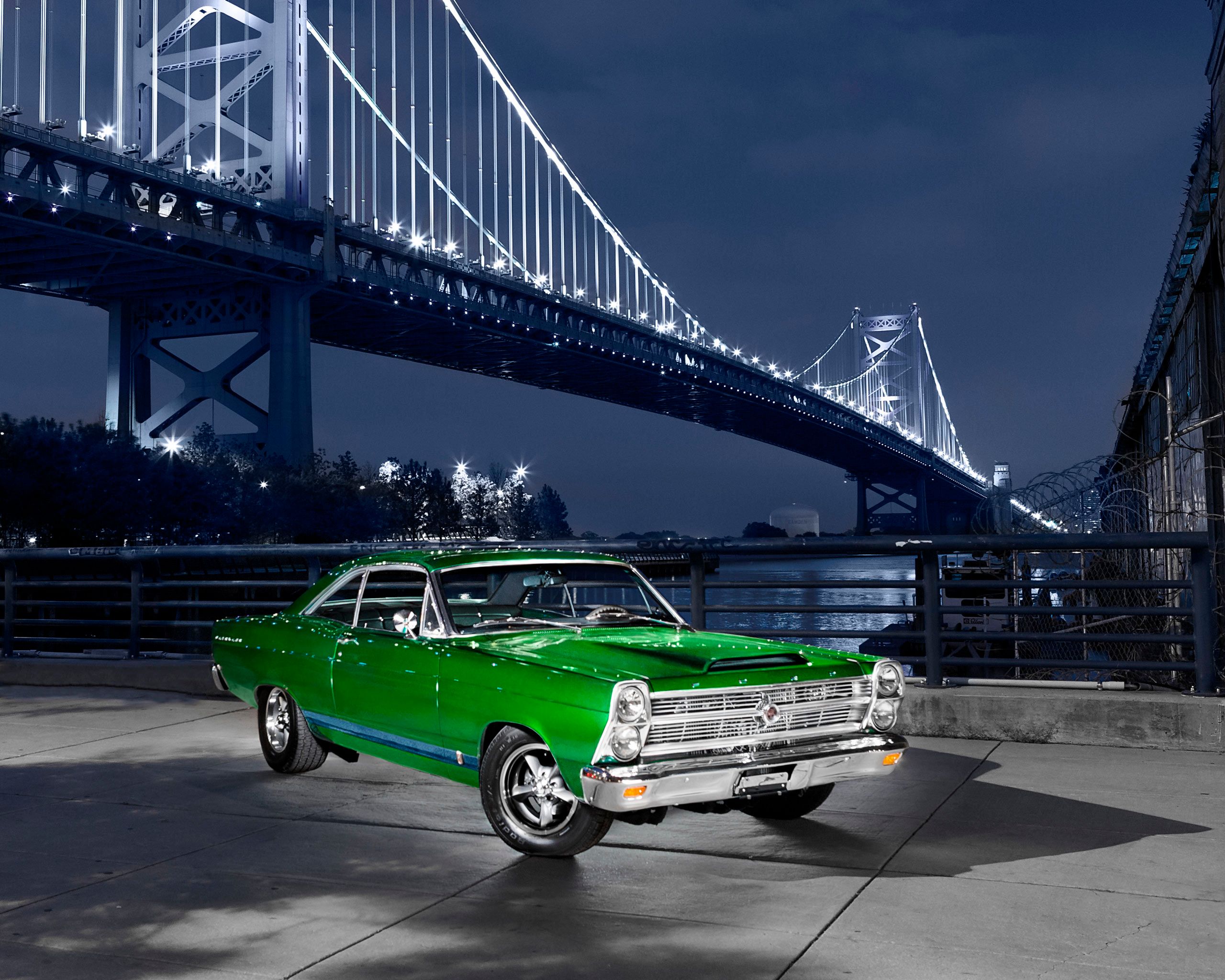 Beautiful image of a metallic green 1966 Ford Hairline just south of the Ben Franklin Bridge in Philadelphia, PA. 1966 Ford Fairlane
