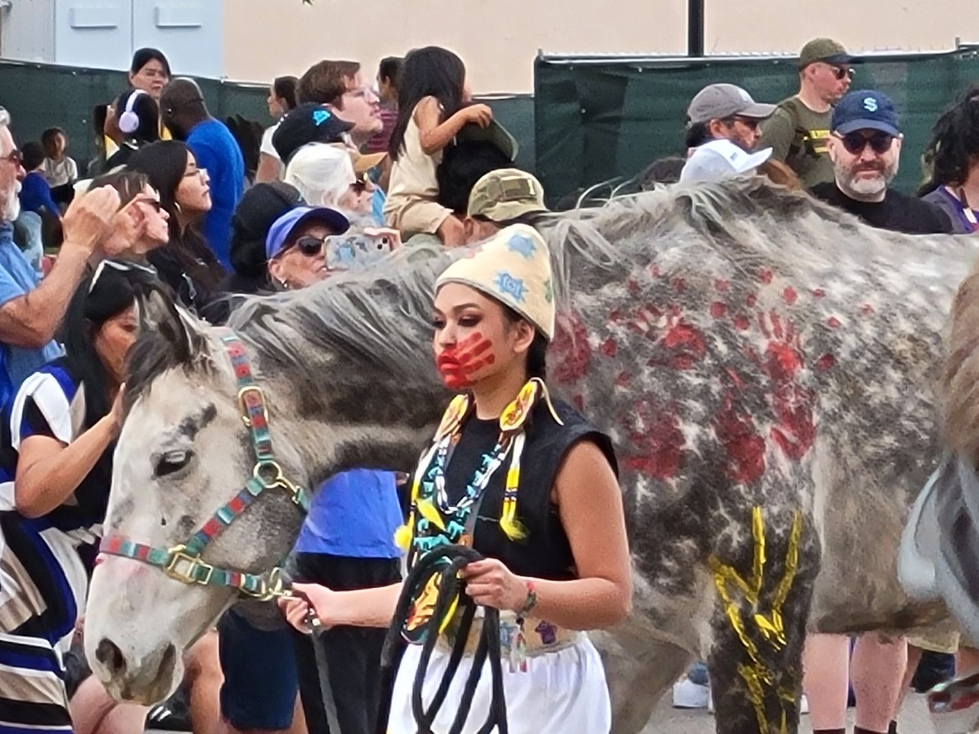 Pony and Woman with Red Hand Paint