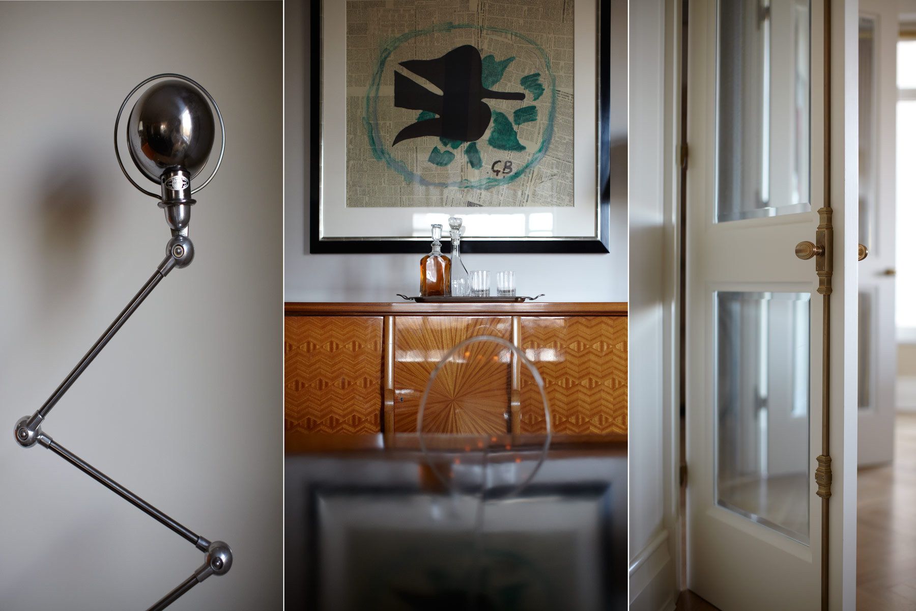 Belsey & Mahla Architects provided architectural and interior design services for this apartment renovation in New York City's newest landmark.The grand living room with dramatic park views has wide stripes on the walls, rich wool draperies on reeded brass rods, and six matching custom bronze coffee tables. A map of Haussmann's Plan for Paris, once in the Louvre's collection, occupies one wall. French aspen paneling and a ribbed oval plaster dome outfit the library; the paneling conceals a secret passage to the master suite.The dining room features French factory lights aimed to illuminate the embroidered silk draperies, and a 1940's French commode with intricate marquetry. The entry vestibule floor is made of French limestone and Saint Laurent marble. A wall-mounted console rests on found metal springs rescued from an antique shop.Paired French doors with beveled glass panes and cremone bolts connect the apartment rooms. The client's collection of modern art masterworks on paper 15 Central Park West