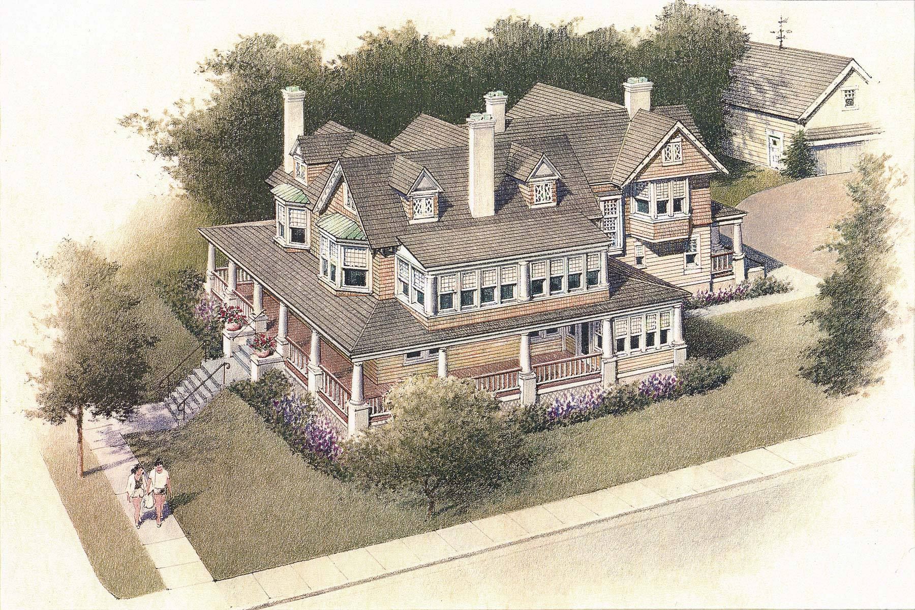 At more than five thousand square feet, this recreation of the original 19th century Queen Anne style house in Spring Lake, New Jersey, was a labor of love for the client, a celebrated mystery-writing novelist. Unfortunately, only three stained glass windows escaped the wrecking crane. All else is new, but true to the architectural zeitgeist of the place, and to a time when New Yorkers and Philadelphians of Irish descent flocked to this beachfront community for summers on the wide porches of Shingle Style grande dames. House by the Sea