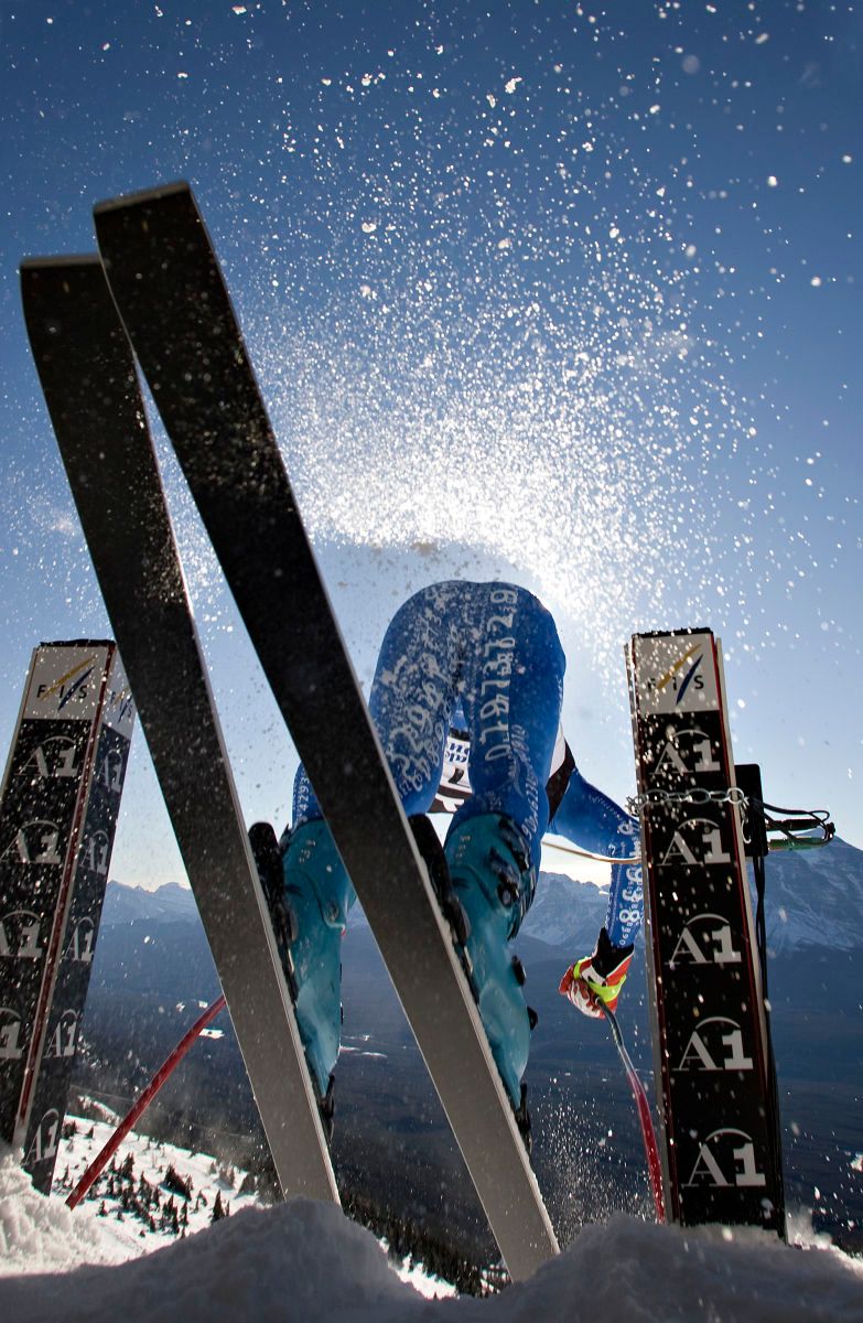 Switzerland's Cornel Zueger start gate Lake Louise DH training