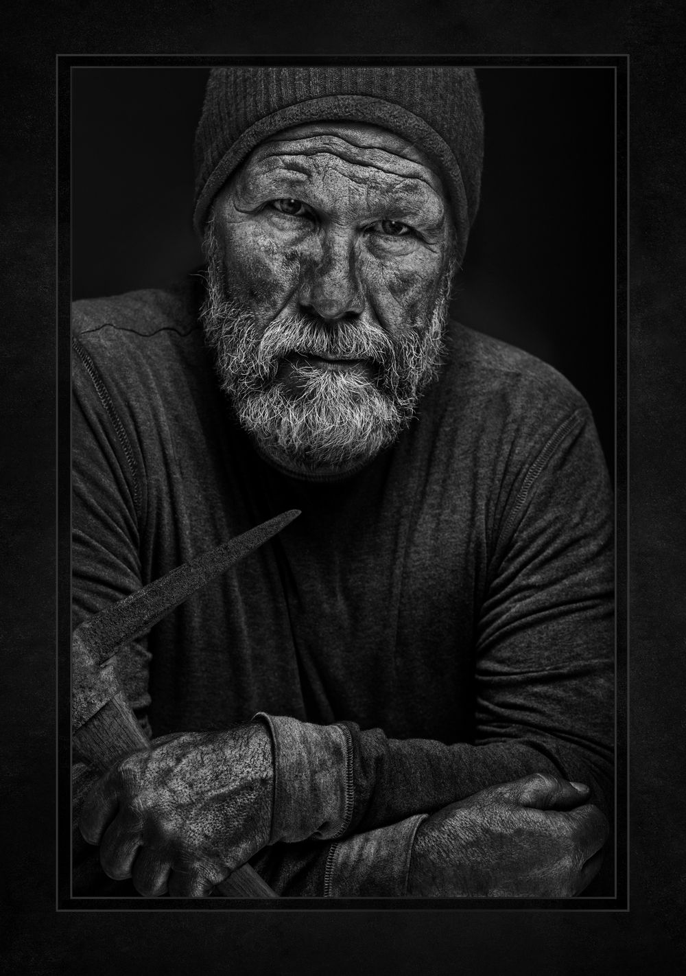 Cinmatic Portraits Miner portrait black and white with pick axe