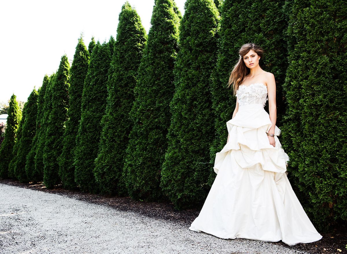 Beautiful Bride in front of pine trees