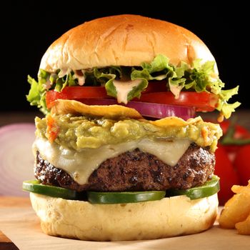 Lunch Food Photography-Burger with Guacamole and Jalapeno 