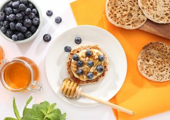 Breakfast Food Photography-English Muffin with Blueberries and Honey
