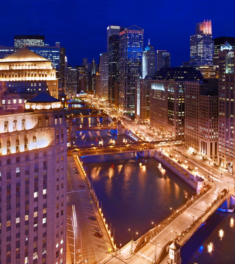 Exterior dusk architectural photograph downtown Chicago