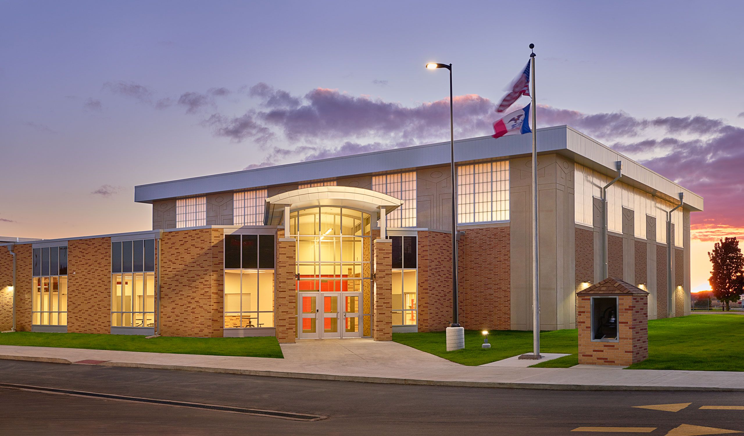Exterior dusk architectural photograph St. Ansgar Community Schools