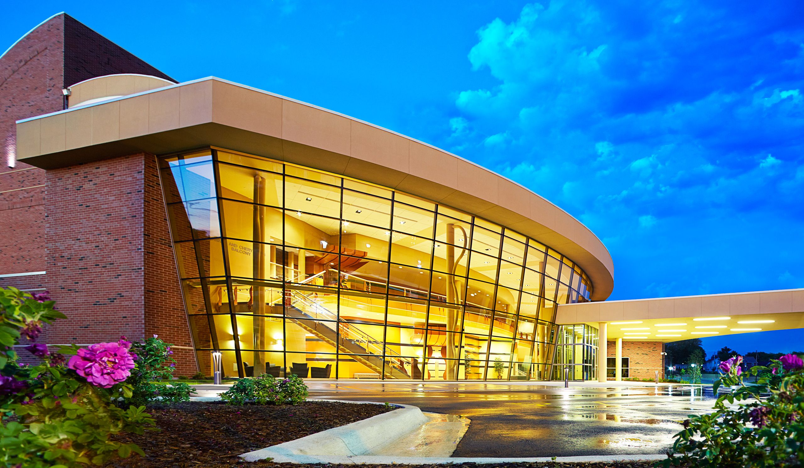 Exterior dusk architectural photograph University of Dubuque auditorium