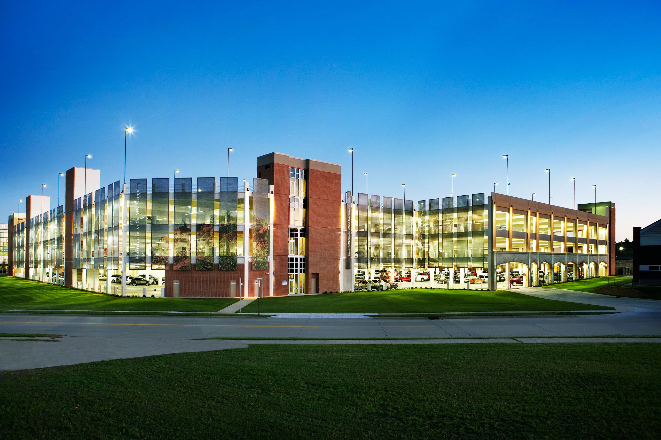 Exterior dusk architectural photograph parking garage Dubuque, IA
