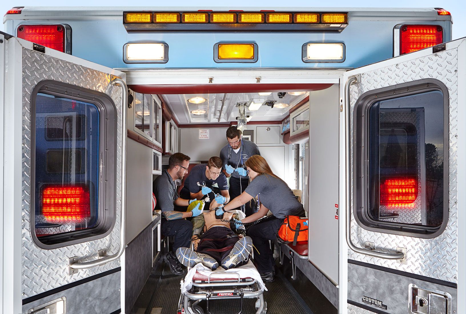 Paramedic students in an ambulance at Hawkeye Community College