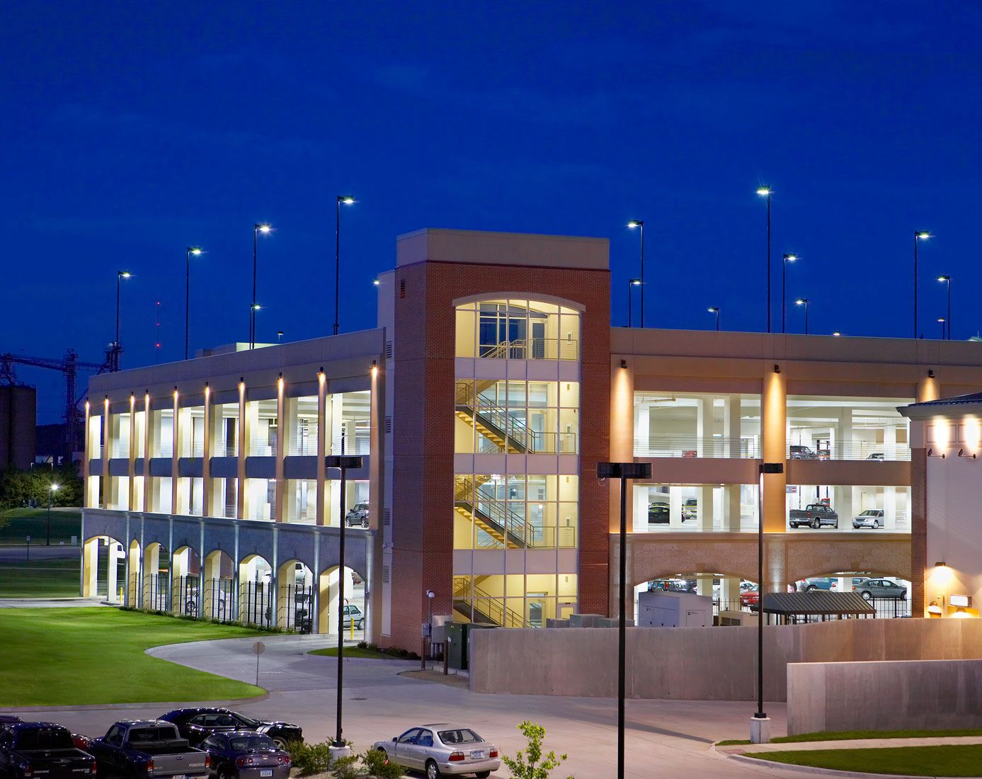 Exterior dusk architectural photograph parking garage Dubuque, IA