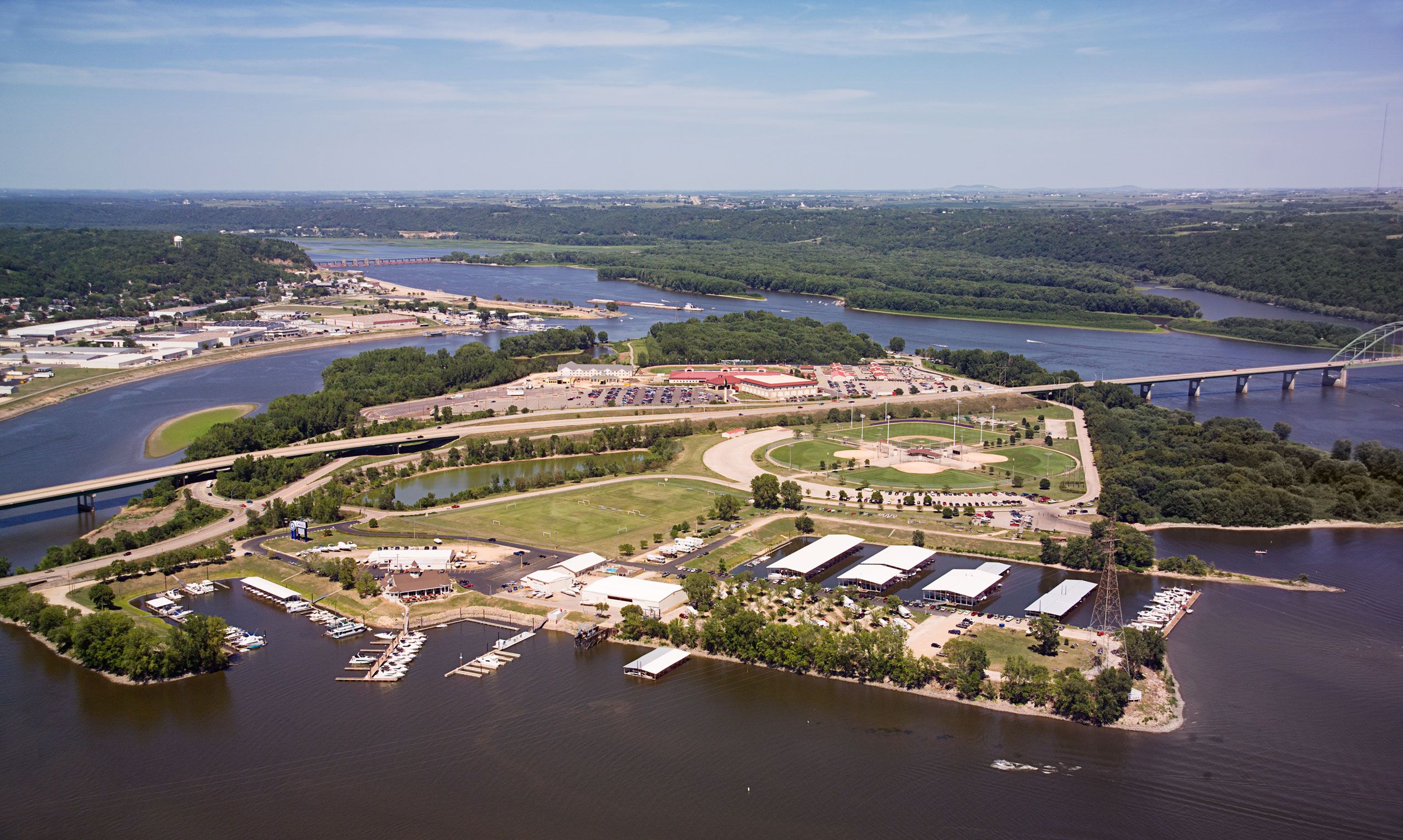 Aerial photograph of City Island & bridge into Wisconsin, Dubuque, Iowa