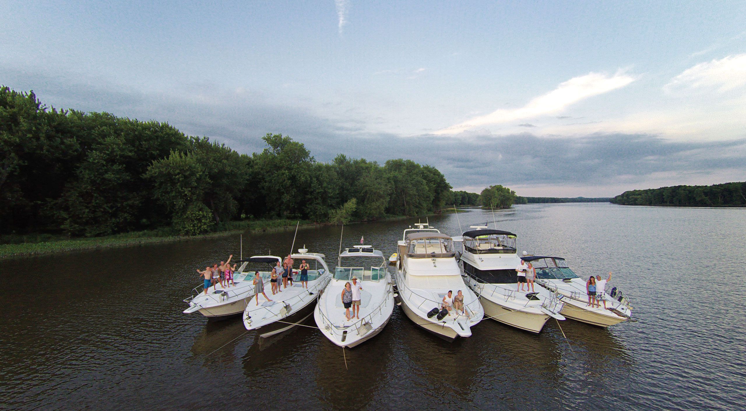 Aerial drone photograph boats on the Mississippi River